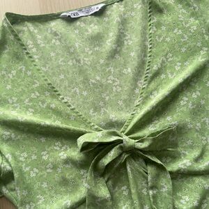 Zara Light Green Floral Tie-Front Blouse